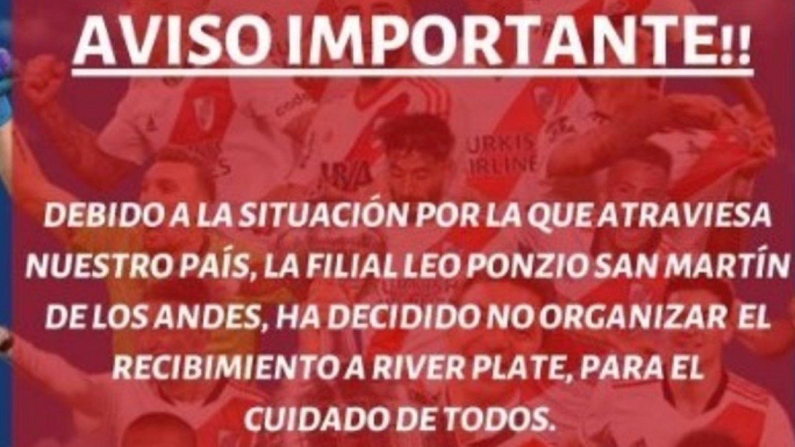 San Martín de los Ándes: se suspendió el recibimiento para el plantel de River